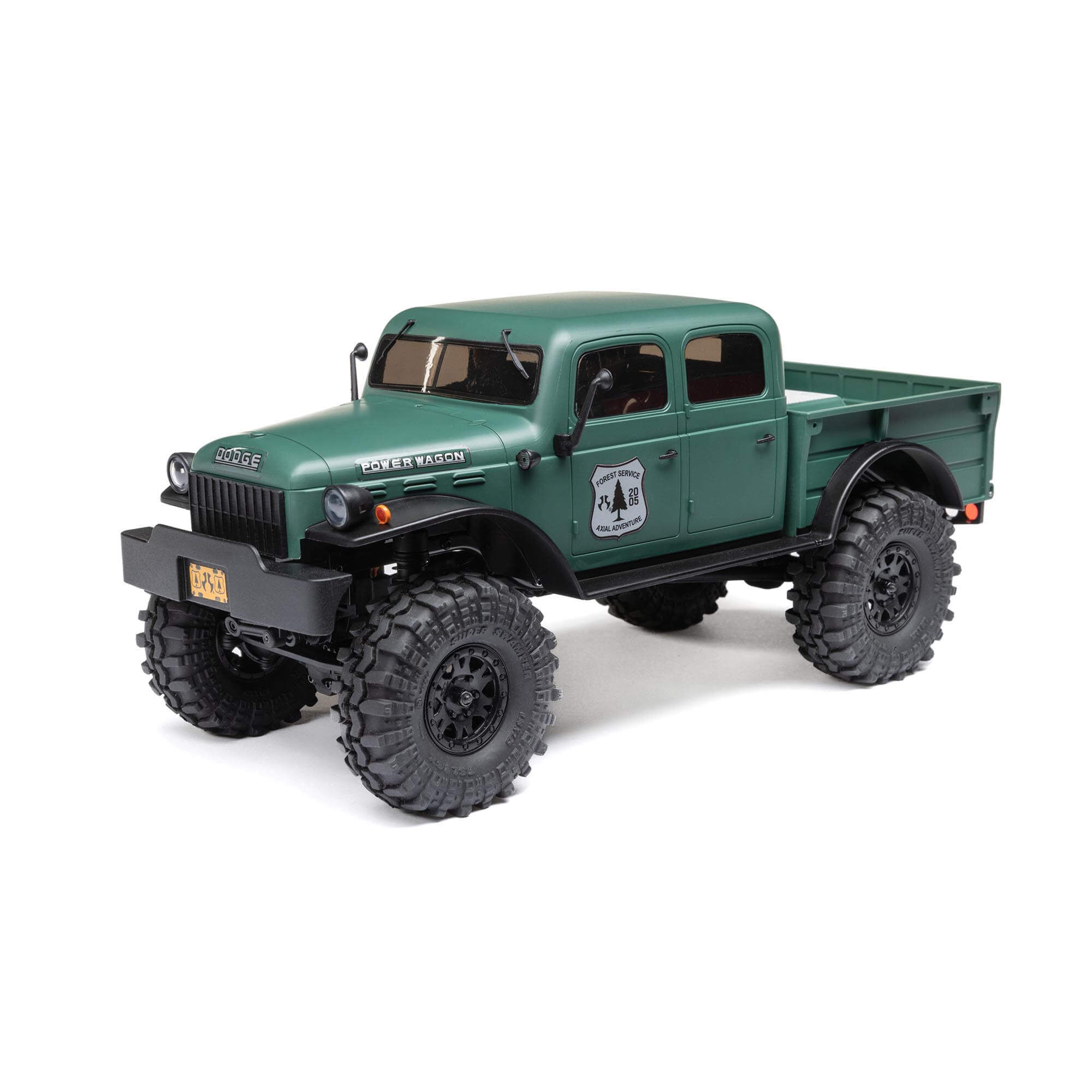 Official Axial front three-quarter photo of the green SCX24 four-door Dodge Power Wagon AXI00007T2