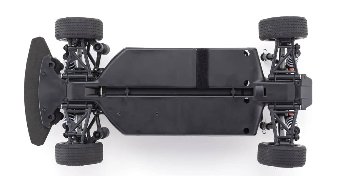 Kyosho official FZ02L underside view: long chassis, independent suspension and service layout.