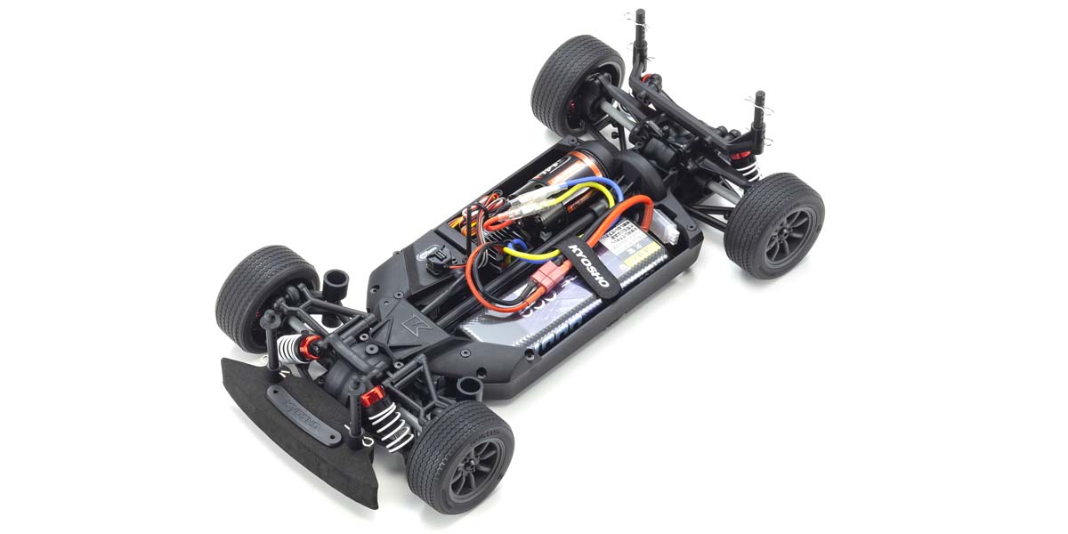 Kyosho official FZ02 body-off layout from the Skyline product page: stock road-car electronics and battery location.