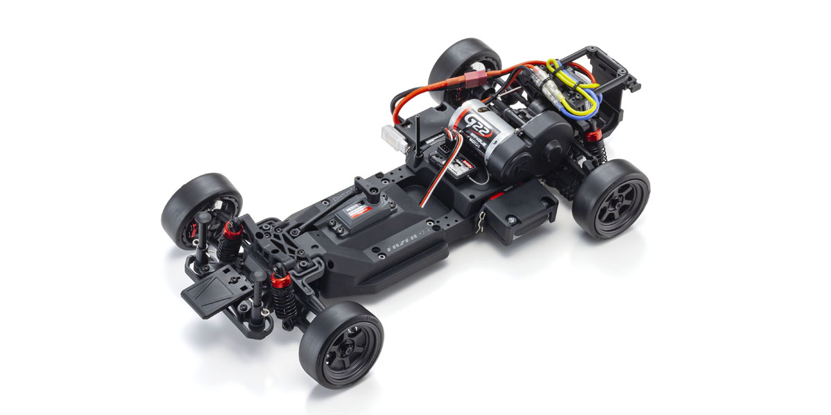 Kyosho official D2 body-off view: rear-drive layout, raised motor, battery holder and fitted control system.