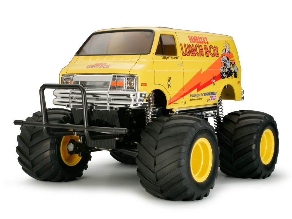 Official Tamiya photograph of a fully assembled and finished yellow Lunch Box 58347 wheelie van