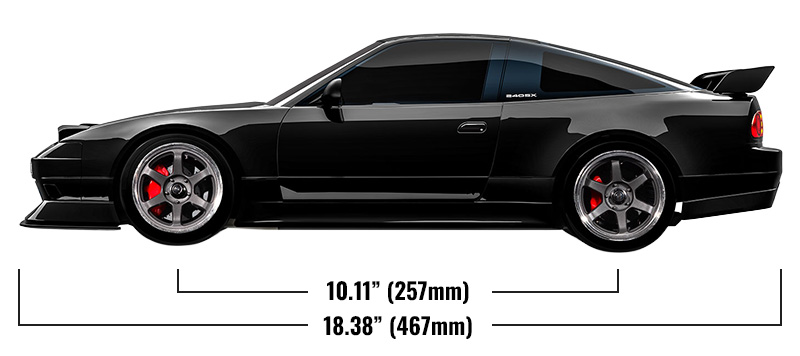 Official side-view dimensions graphic showing a 467 mm long Nissan 240SX with 257 mm wheelbase